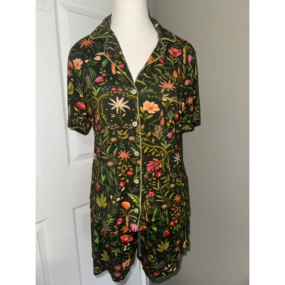 Farm Rio for Anthropologie Tropical Flora Pajama Set Small Green Shorts Lounge